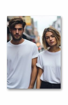 Man and woman wearing blank white t-shirt