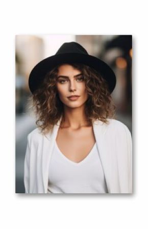 Portrait of a beautiful young woman in a hat and a white blouse on the street