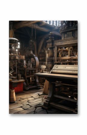 A print shop with an 18th-century printing press in operation, underscoring the importance of printed materials. Generative Ai.