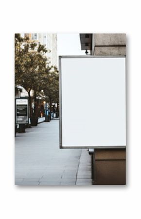 White Blank store signage or poster banner for mock up. Empty signboard of shop frontage on the street side that attach on wall, billboard in the center of city.