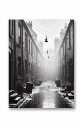 Old grainy black and white photograph of a back street in 1960s Britain