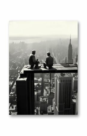 Generative AI illustration of two construction workers on a steel girder high above the city in a scene reminiscent of the 1950s New York skyline