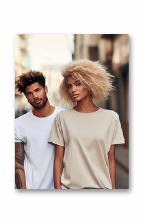 Man and woman wearing blank white and beige t-shirt