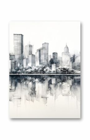 Black and white sketch city with reflection drawing.