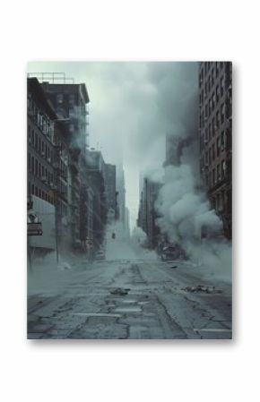ultra - realistic cinema of an empty New York street, fog, steam, dark, monochromatic