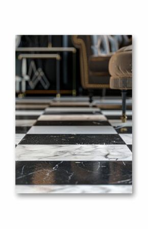 A close-up shot of a luxury floor design with marble tiles in a classic checkerboard pattern, featuring contrasting hues of black and white for a timeless and sophisticated look.