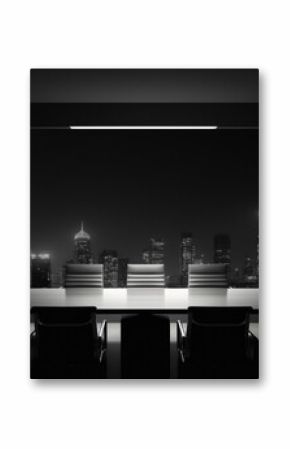A sleek black and white meeting room with a city skyline view and a blank white empty frame.