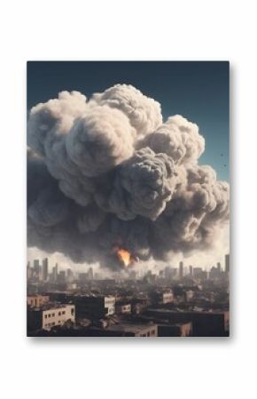 Nuclear bomb into a city with large scale destruction smog of bomb with smog clouds and sky with vector illustration style