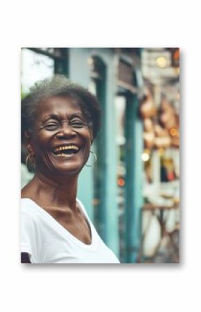Senior black woman in casual white clothes portrait, city street blurred background, happy smiling active African American elderly lady walking in city center, AI generative