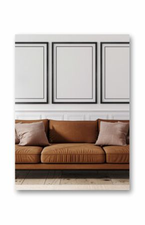 A spacious Scandinavian living room with a caramel brown sofa set against a soft white wall. Four blank empty mock-up poster frames in a sleek black