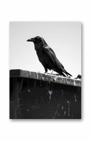 A black and white photo of a single crow perched atop a overflowing dumpster, symbolizing a desolate and wastefilled world