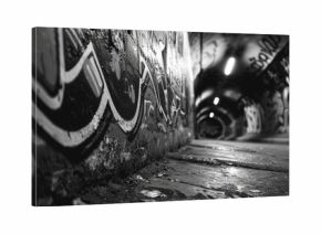 Black and white image capturing the gritty texture of graffiti in an urban tunnel