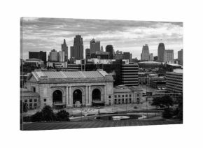 Kansas City Missouri Skyline at Sunrise, black and white photo