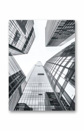 A black and white monochrome a city skyline with tall buildings