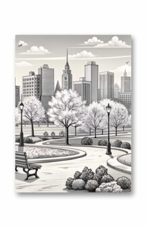 Spring park graphic black white city landscape sketch illustration vector