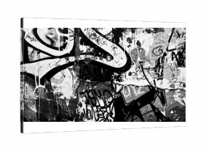 Graffiti tags and symbols in varying shades of black and white weave together to tell a story of the underground culture within the city. Black and white art