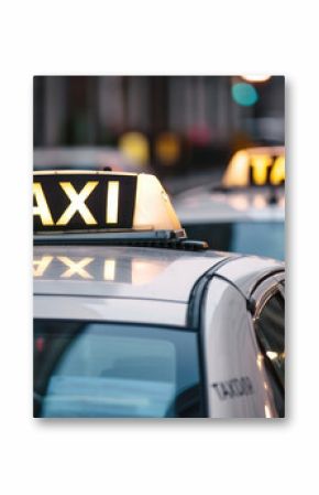 A close-up of the tops of several white taxi cabs, with black signs