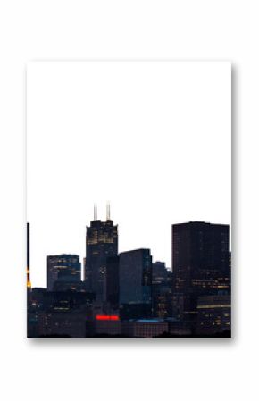 Chicago skyline at night showcasing illuminated buildings, with a white background. Concept of urban nightscape and city lights