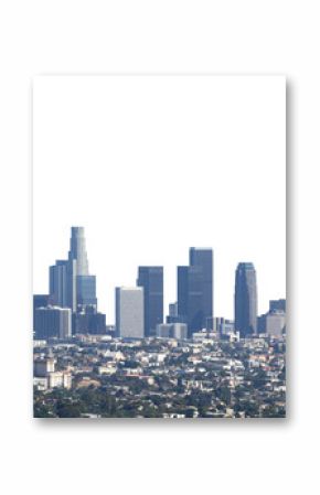 Panoramic view of Los Angeles skyline showing prominent skyscrapers and dense residential areas in the foreground, set against a white background. Cityscape concept