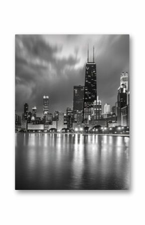 A black and white photo capturing the city skyline