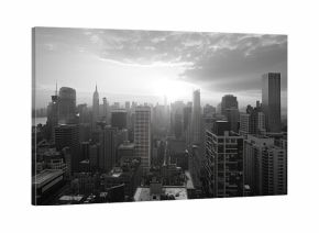 A black and white photo capturing the city skyline
