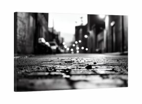 A moody black and white alleyway scene showcasing cobblestone pavement and distant street lights at night.