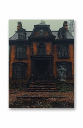 A haunted house with broken windows and cobwebs, surrounded by leafless trees. Concept of eerie locations and Halloween scares.