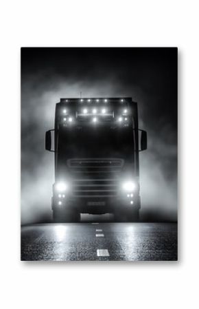 black and white truck image, close-up of truck, night road