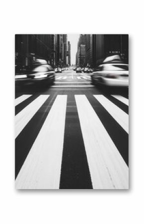 A bustling city intersection with blurred motion from passing cars and pedestrians, in high-contrast black and white city intersection, street photography, monochrome