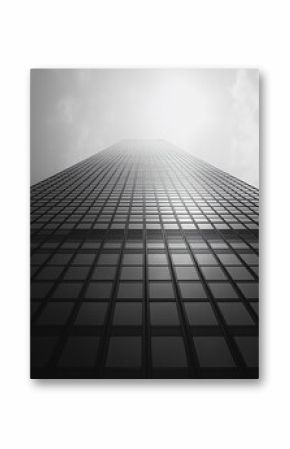 A black and white photo of a tall building with a sun shining on it. The building is surrounded by other tall buildings, creating a sense of urbanization and modernity