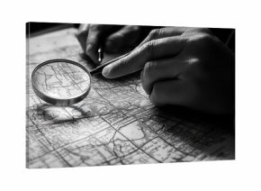 A hand holding a magnifying glass over a detailed map in black and white.