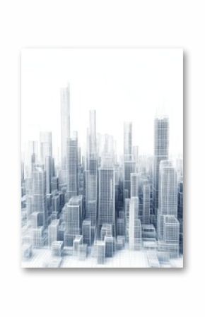 A city skyline is shown in a white background. The buildings are tall and grey, giving the impression of a cold and desolate urban landscape. The city appears to be in a state of decay