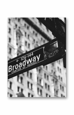 Close-up of Broadway sign in black and white in New York City