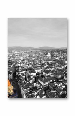 Black and white panorama of the city of Florence, Italy with selective color on the cathedral