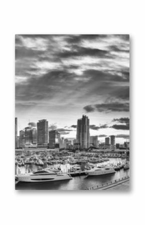 Black and white view of Downtown Miami. Panoramic shot from Port Boulevard