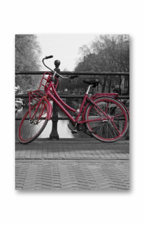 Black and white view of Amsterdam with redbicycle