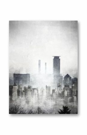 Grunge black and white city skyline with copy space.