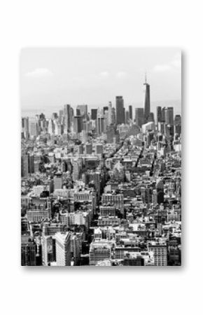 Cityscape skyline of various buildings, skyscrapers and architecture looking down on midtown Manhattan in New York City towards downtowns Financial District in black and white