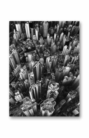 Black and white of aerial view of Hong Kong Downtown. Financial district and business centers in smart city in Asia. Top view of skyscraper and high-rise buildings.