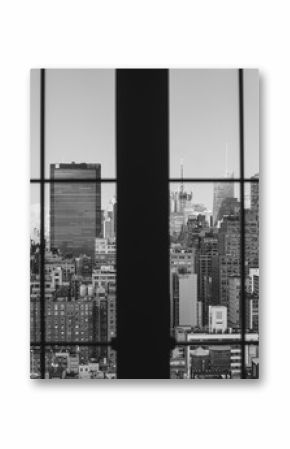 Black and white skyline city view seen through window