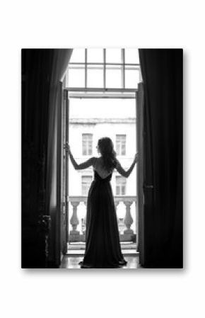 Black white portrait of young woman in elegant silk black dress lookingto a city from a balcony, fashion beauty photo