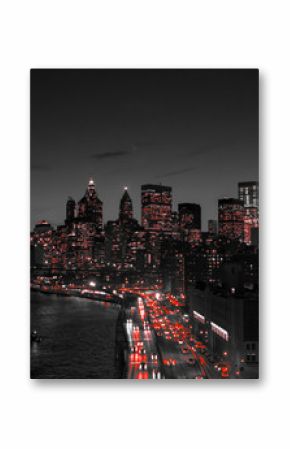 New York City black and white night skyline with red lights glowing in downtown Manhattan