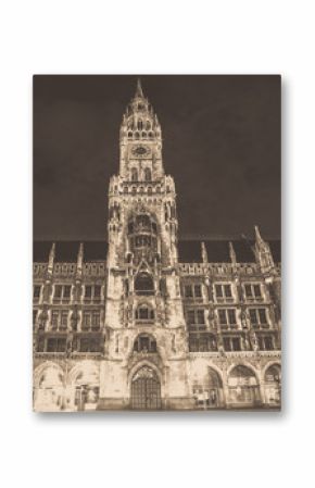 Munich Germany, New Town Hall , Rathaus at the Marienplatz seen at night with vintage black and white filter