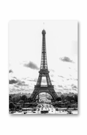 Paris, France, 09.10.2019: Eiffel Tower. Black and white photo. Vertical.