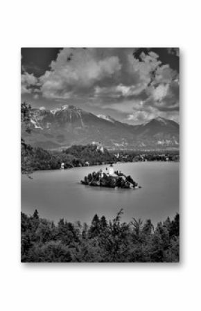 View to Lake Bled and its island from above on a sunny day black and white concept