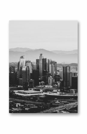 Los Angeles skyline from a helicopter black and white