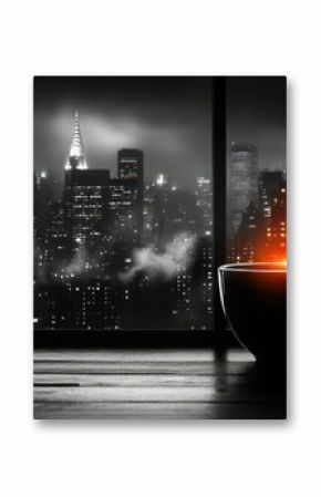 Night city view from window with coffee