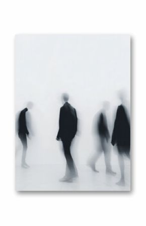 Blurred silhouettes of people walking in minimalist white space with motion blur effect, representing modern life, isolation, identity, urban anonymity and conceptual art photography themes