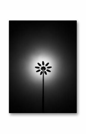 Black and white photo of a street lamp taken from below during daytime. The strong contrast highlights the silhouette of the lamp against a bright sky, emphasizing its architectural form and details.