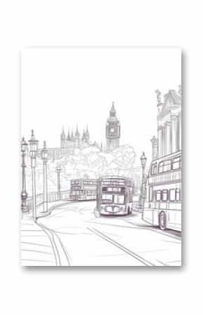 Hand drawn illustration of a city street scene with double-decker buses.